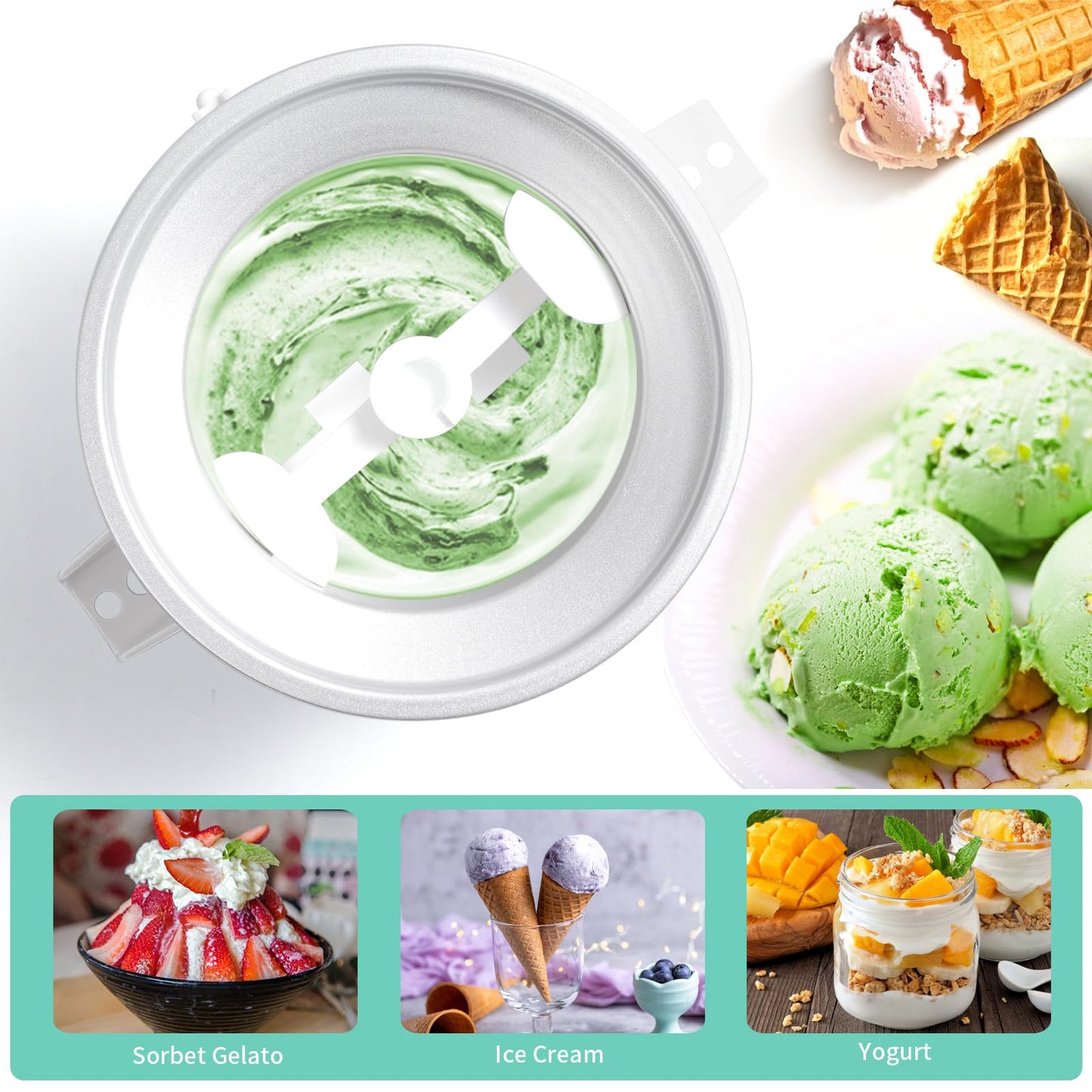 Ice Cream Attachment Compatible with KitchenAid 4.5/5/6/7QT Mixers,Makes 2 Quarts of Ice Cream,Compatible with KitchenAid Ice Cream Maker Attachment,Dishwasher safe(Not Fit 3.5QT Mixers)