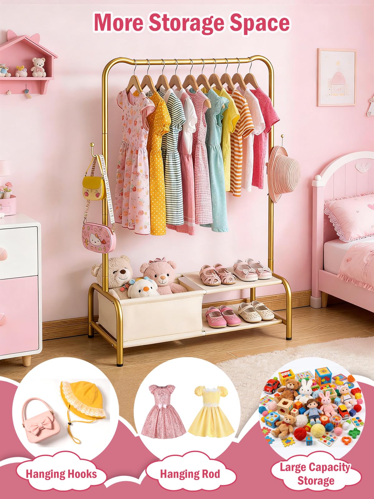 Atrastout Kids Clothing Rack-Portable Kids Clothing Rack with Storage Shelf - Toddler Garment Organizer for Baby Clothes, Dance Costumes, Girls Gift Ideas(gold)
