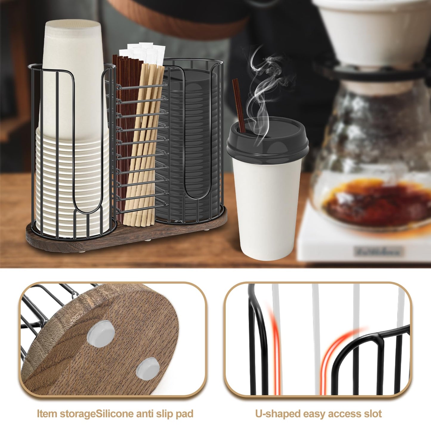 Tanggiteck 3-Compartment 18oz Coffee Cup Dispenser Rack with Wood Base, Disposable Cup, and Lid Organizer for Countertop - Perfect for Paper Cups, Straws, and Kitchen Cabinet Storage