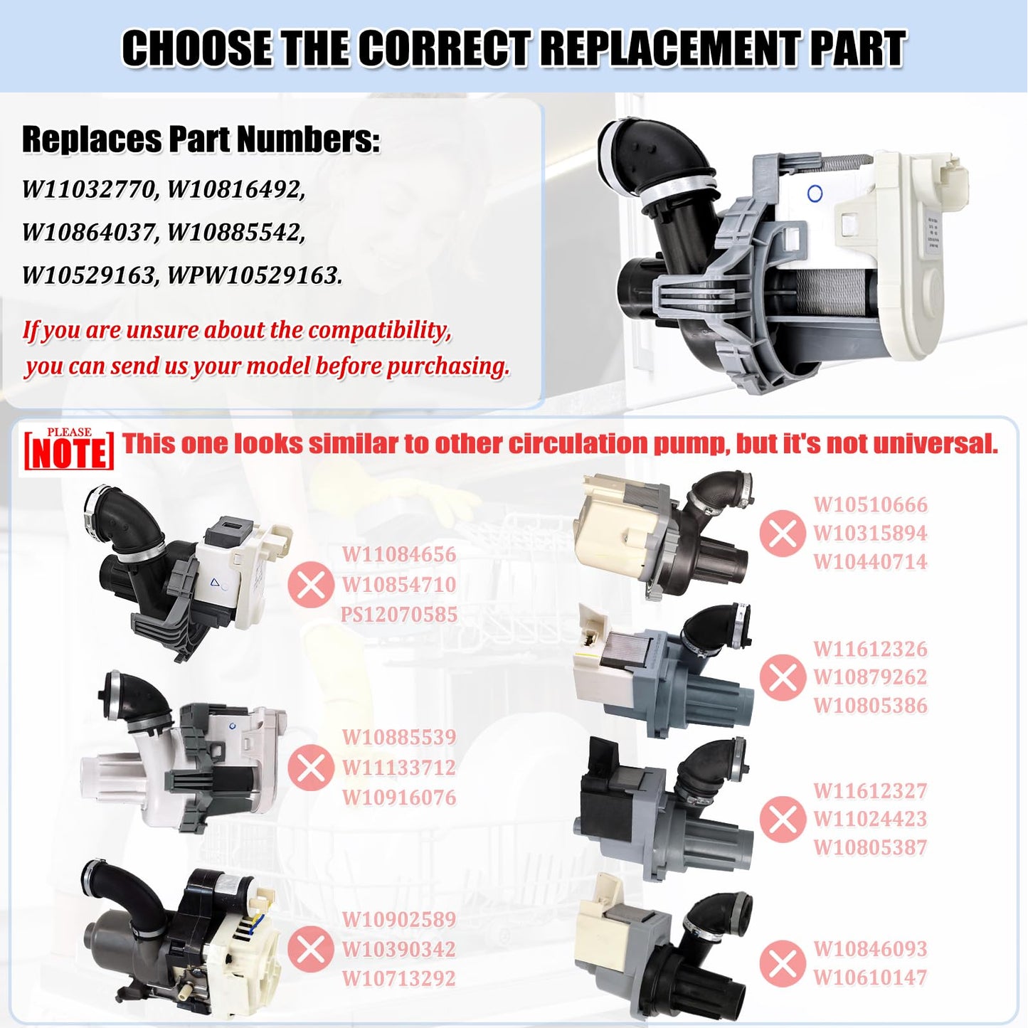 W11032770 Dishwasher Circulation Pump Motor Assembly, W10529163 Dishwasher Pump Motor Replacement Parts WPW10529163 W10885542 W10864037 W10816492