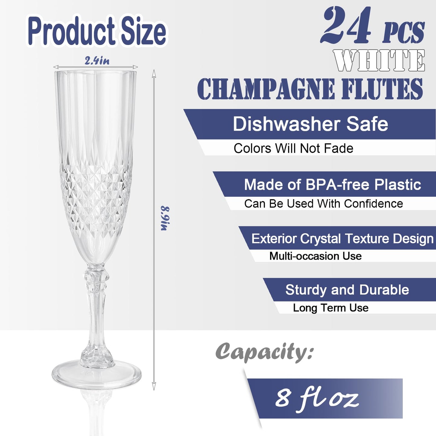 CHICERA 24 Pcs Plastic Champagne Flutes,White Champagne Glasses Bulk, Made of Durable Plastic Material Can be Used for Weddings, Everyday Fun Parties and More!