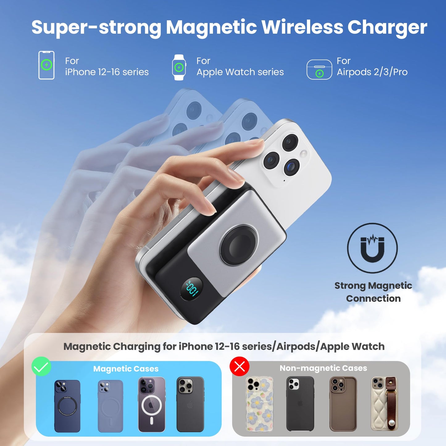 Magnetic Portable Charger for iPhone, 3-in-1 10800mAh Qi2 15W Wireless Power Bank with iWatch Charger,30W PD Fast Charging USB-C LCD Display Battery Pack for Magsafe,iPhone 16/15/14/13/12, Apple Watch