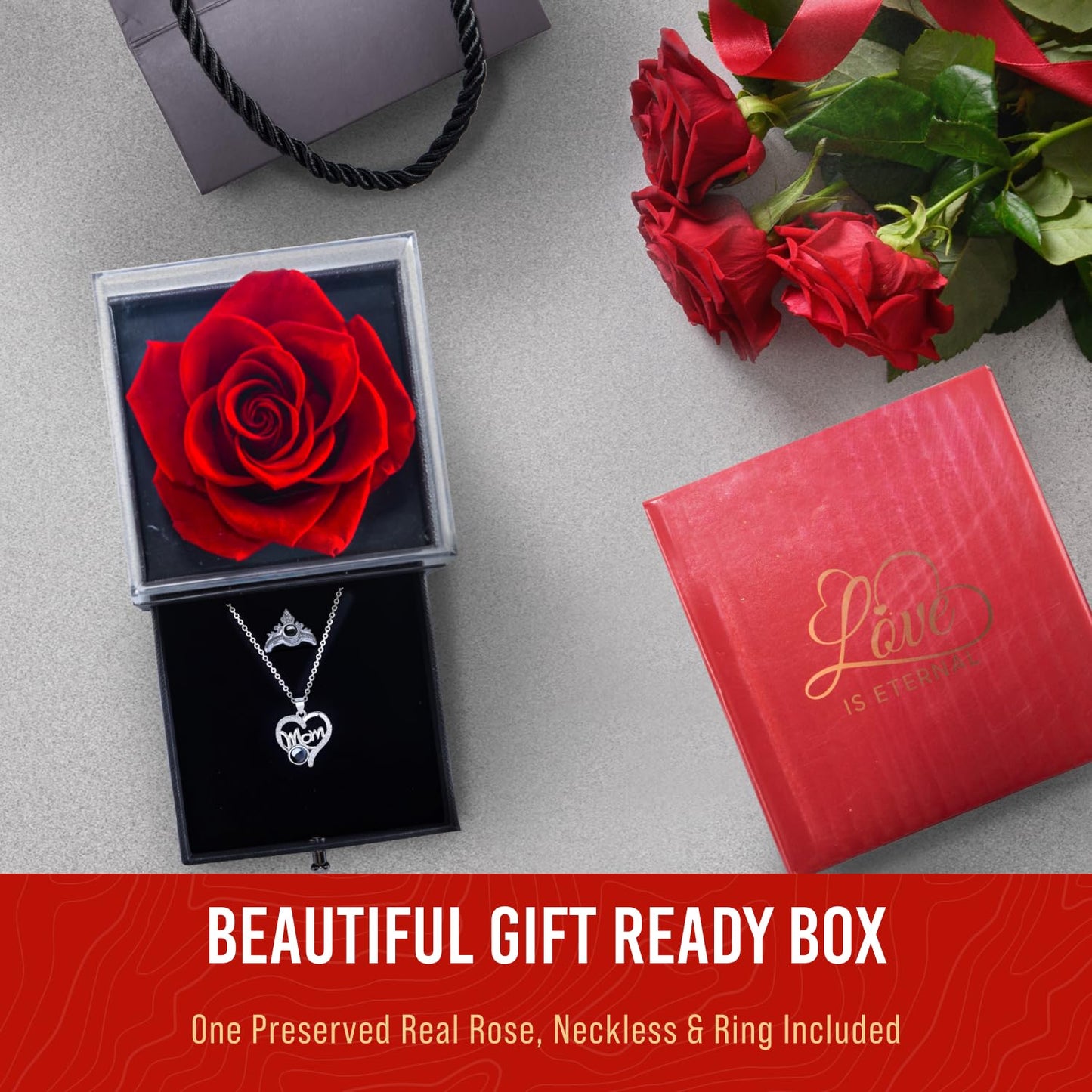 Norcalway Preserved Real Rose with I Love You Necklace - Forever Love Eternal Rose Box - Gifts for Girlfriend Women Her Mom Wife Grandma - I Love You Gifts for Her on Birthday, Weeding, Anniversary