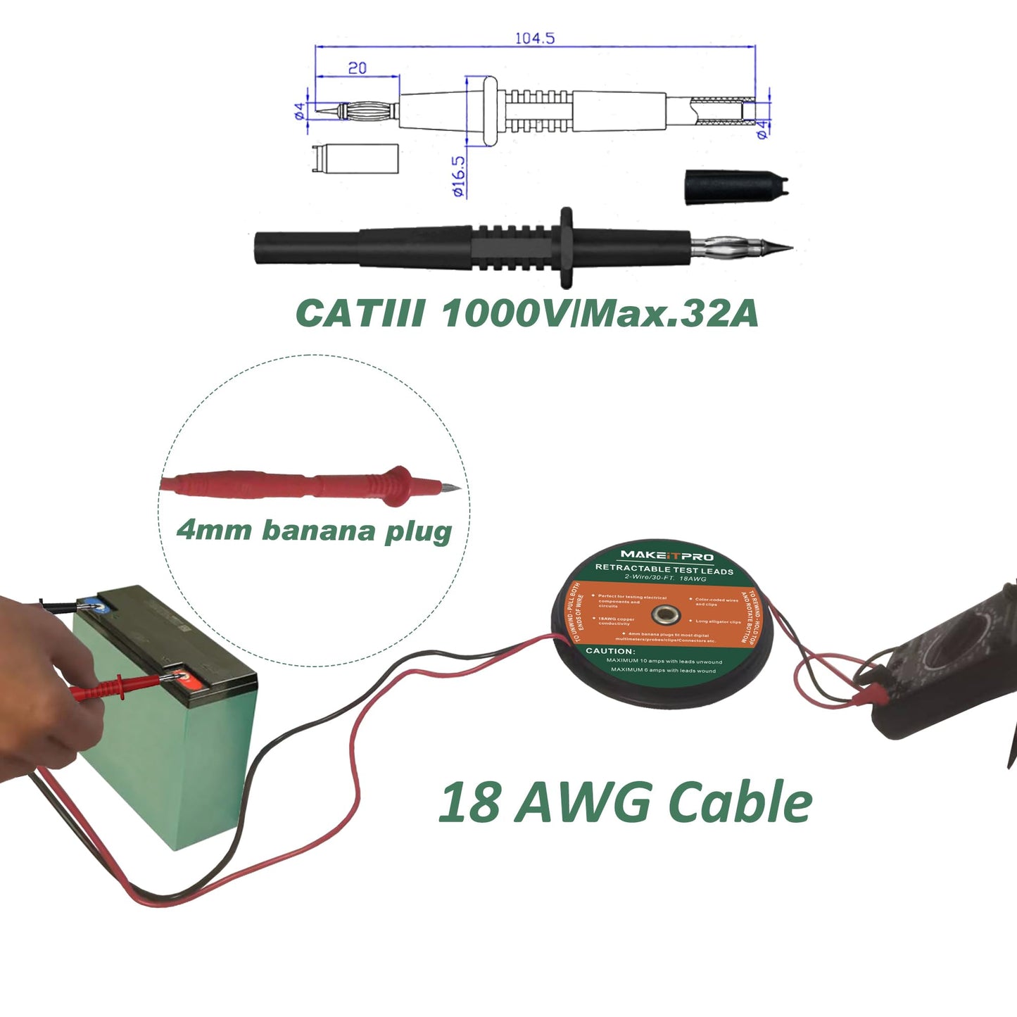 MAKEITPRO 2 Wires 30FT 18AWG Retractable Test Leads with Cable Bag and Dual Ended Electrical Alligator Clips Test Probe Lead Wire Cables for Circuit Connection/Electrical Testing and Troubleshooting
