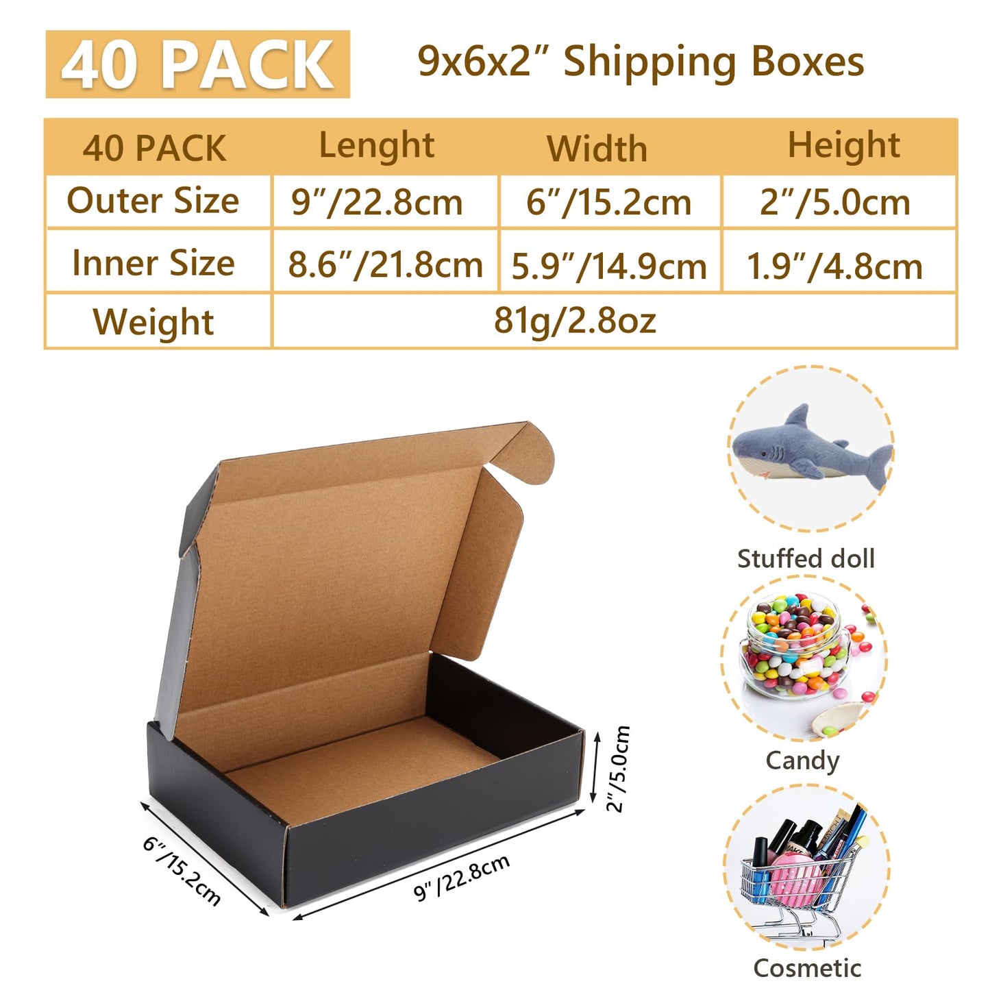 EXYGLO 40 Pack 9x6x2 Shipping Boxes, Black Corrugated Cardboard Boxes for Packaging Small Business, Moving, Shipping, Mailing, and Storing