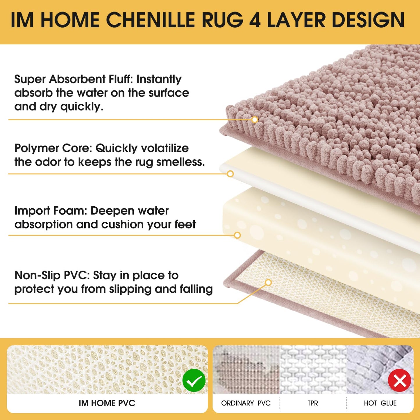 ACCUMTEK Upgrade Extra Large Dusty Pink Bathroom Rug Set 3 Pieces Ultra Soft, Thick Absorbent Bath Mats, Non Slip Chenille Toilet Mat for Bathroom, Bedroom, Kitchen