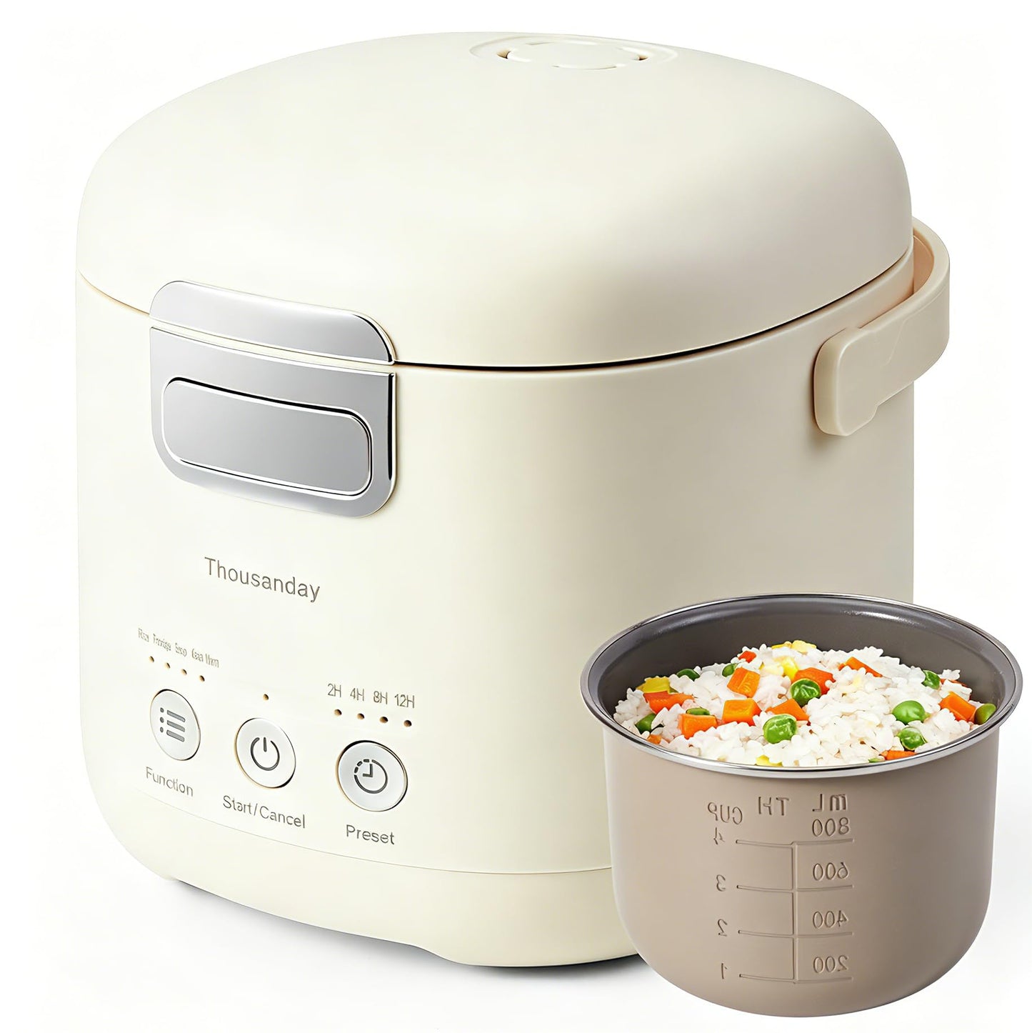 Mini Rice Cooker, Small Rice Cooker 2 Cup Uncooked(4 Cup Cooked), Portable Non-stick Electric Rice Maker, for Dorm Travel Office 1-2 Person, 12 Hours Timer Delay & Keep Warm, Beige