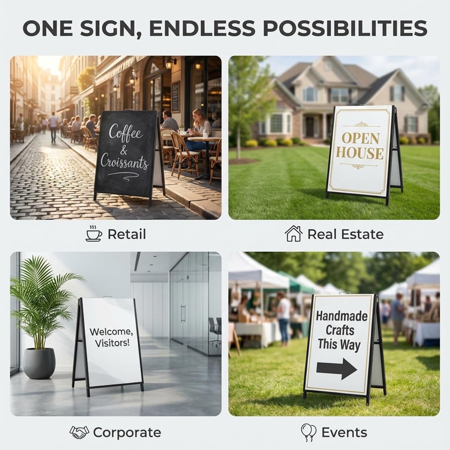 LANGTUKEE Heavy Duty A Frame Sign 24x36 inch - Double Sided Slide-in Metal Sandwich Board for Outdoor Sidewalk Business Advertising, Black Folding Pavement Display Stand, Frame Only