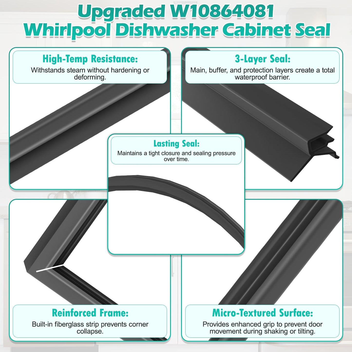 Upgraded W10864081 Dishwasher Door Gasket for Whirlpool Dishwasher Models WDTA50SAHZ0,KDFE104DSS3, KDFE204ESS1 W10179427, W10835073 Dishwasher Cabinet Seal for Kenmore Kitchen Aid Dishwasher