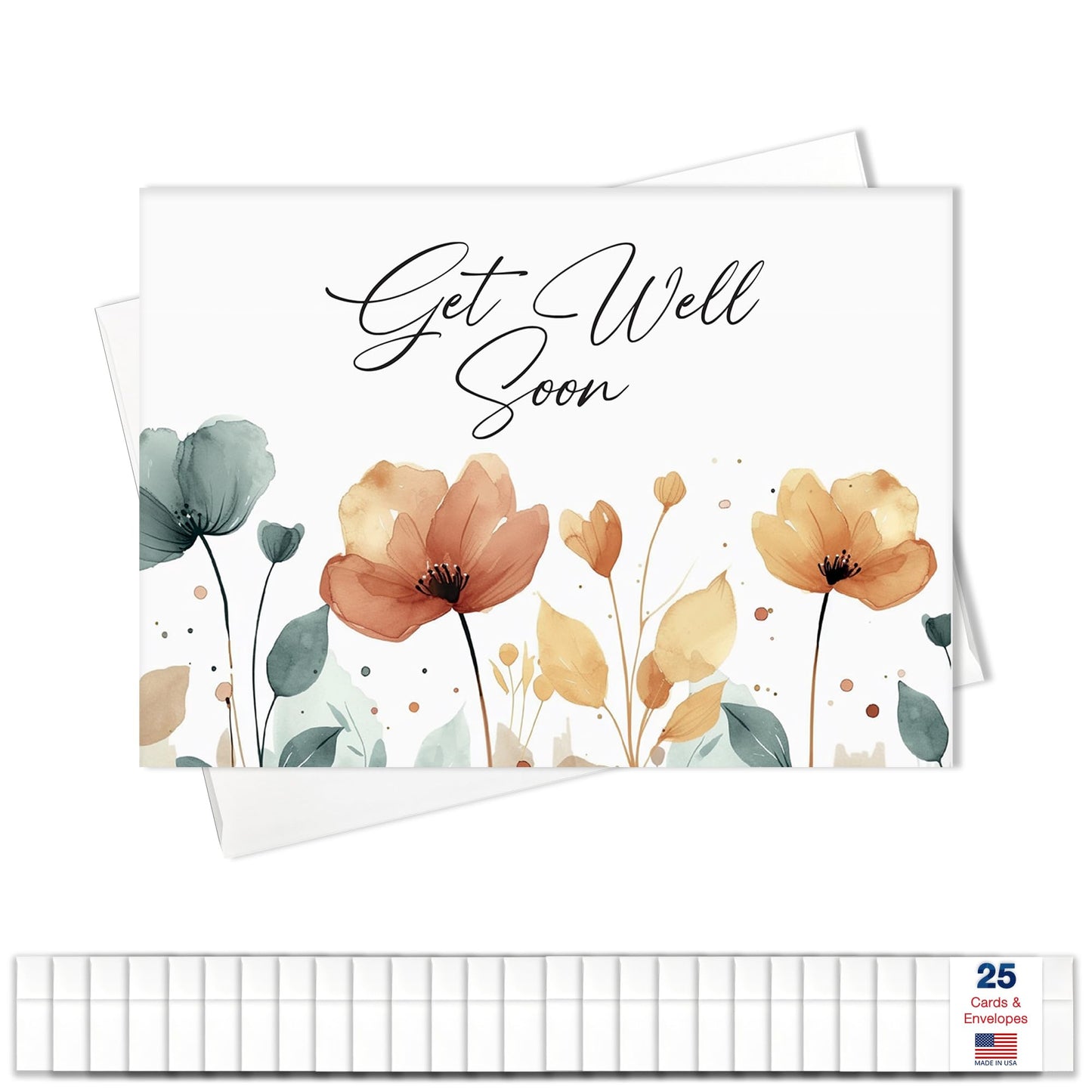 Get Well Soon Cards with Envelopes for Business & Family (Flowers) Bulk 25 Pack of Thoughtfully Designed Recovery Cards with Envelopes (5x7 inch - A7) Office, Work, Employees & Clients (GW2402)