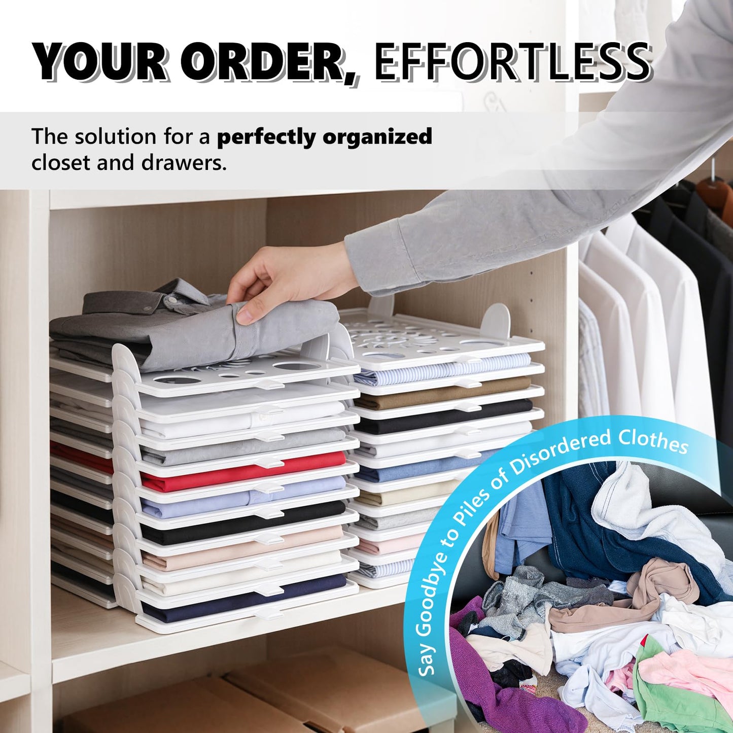 Accenter 10Pc Stackable Closet Organizer & Shirt Folder Board Bundle Tshirt Organizer for Closet Organizers and Storage Clothes Folding Board for Closet Storage Suitable for Lightweight Clothing White