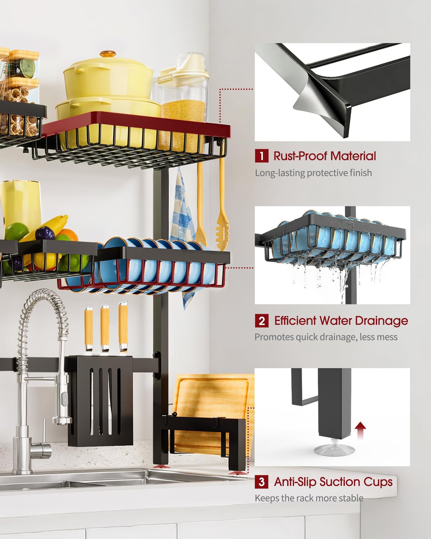 Sakugi Dish Drying Rack - Over The Sink Dish Drainer Drying Rack with Utensil & Knife Holder, Hooks, Stainless Steel Kitchen Organizers and Storage Solution, 11.8" D x 31.5"~39.0''W x 30" H, Black