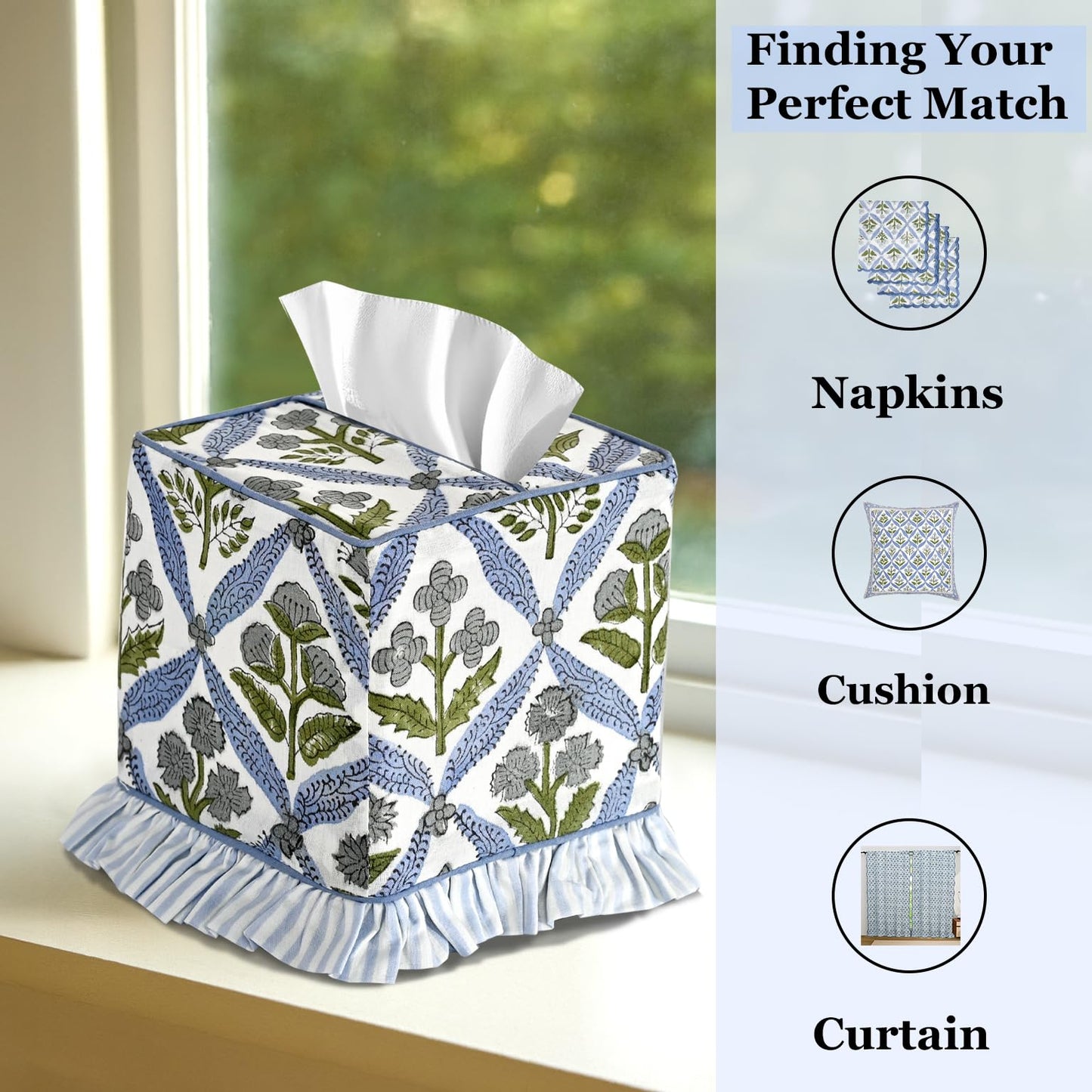 Ridhi Light Steel Blue Block Print Ruffle Tissue Box Cover Handmade Cotton Decorative Square Napkin Holder for Home Bedroom Living Room Bathroom Vanity Countertop Car Office Kitchen