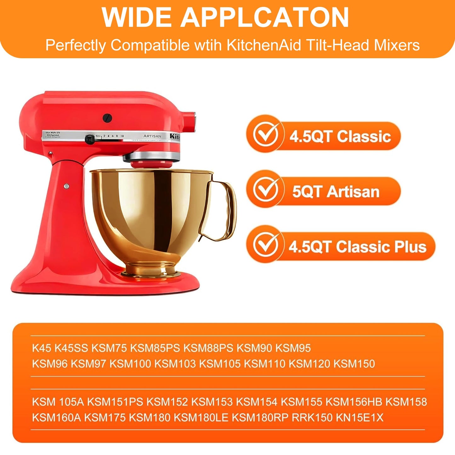 Copper Color Stainless Steel Mixer Bowl, Compatible with KitchenAid Series 4.5-5 QT Tilt-Head Mixers, Suitable for K45SS, KSM75, KSM90, KSM100, KSM150, Dishwasher Safe, Heavy Duty, No Residue