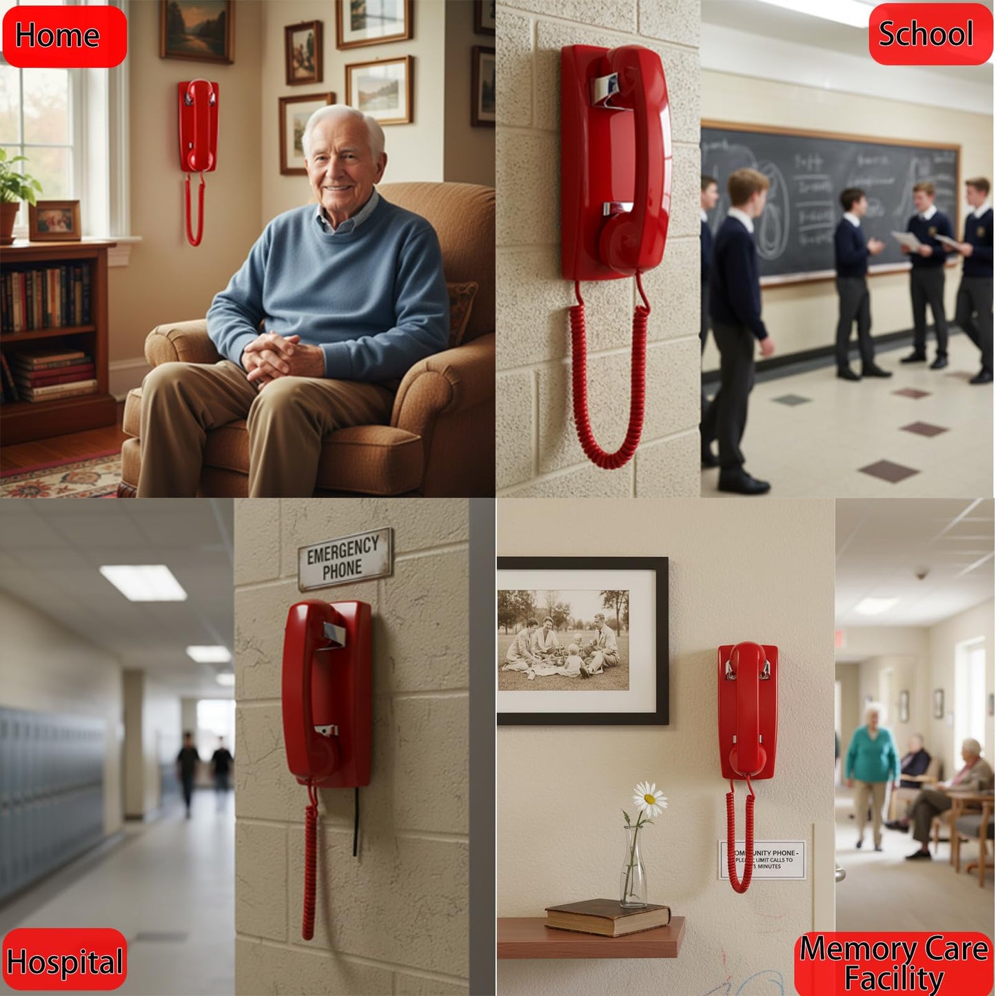 HTMengt No Dial Wall Phone for Elderly Dementia, No Dialpad Wall Telephone for Older,Incoming Calls Only Wall Phones for Senior, 2554 Wall Telephone without Keypad for Memory Care,Home,Bar,Garage, Red