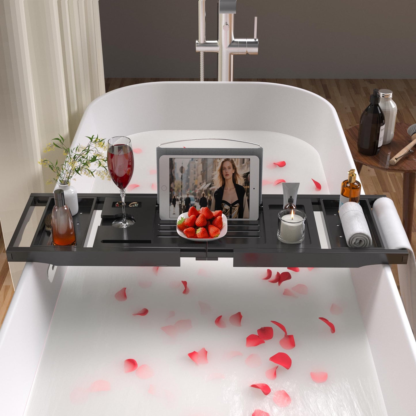 Bathtub Caddy Tray for Tub,Foldable Bath Table Trays,Bamboo Shelf with Book and Wine Glass Holder,Bathroom Accessories Suitable for Luxury Spa or Reading,Black