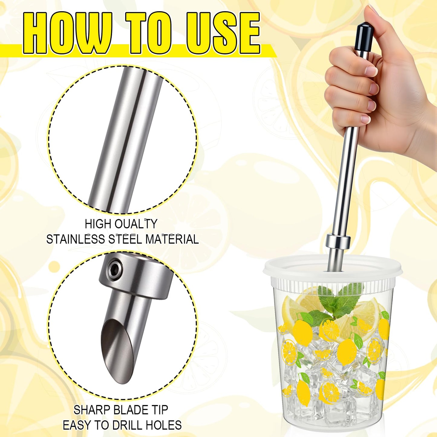 FillTouch 50 Set Lemonade Cups with Lids Straws Plastic Drink Buckets Include Plastic Cups Stainless Steel Straw Hole Puncher Beverage Cafe Drinking Lemonade Stand Supplies(32 oz)