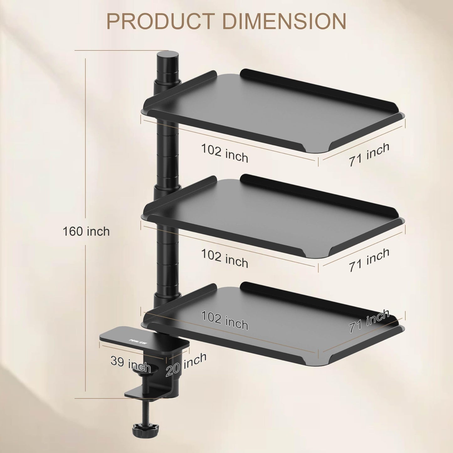 POWNEW 3 Tier Metal Clamp On Desk Shelf - 360° Rotatable Above/Under Table Storage, Adjustable Desktop Organizer for Home Office & Gaming, Storage Tray for Devices & Accessories