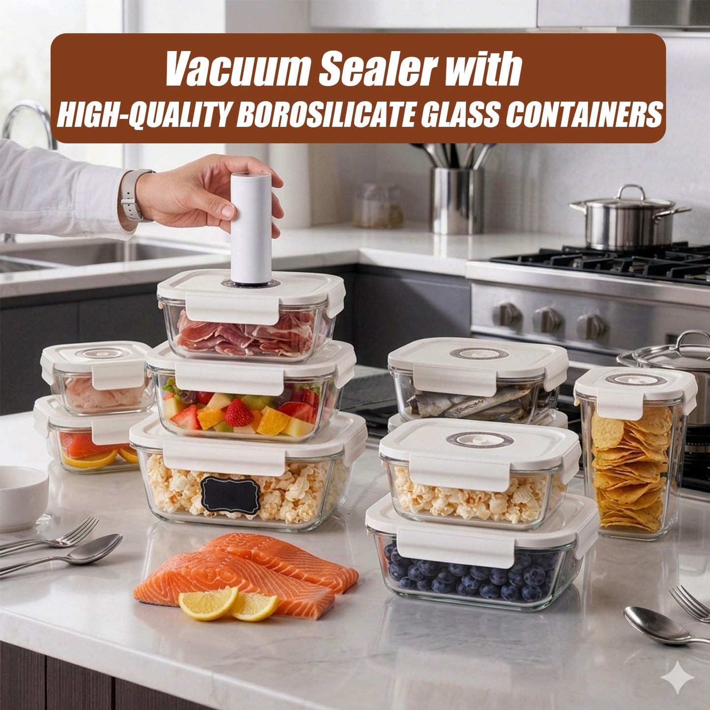 CABIBOX Vacuum Sealer & Food Storage Container for Food, Vacuum Sealer for Food + 3 Glass Vacuum Containers |Rectangle [21 Oz/35 Oz/50 Oz]+ 10 Reusable Food Saver Sealer Bags,For Freezer, Meal Prep