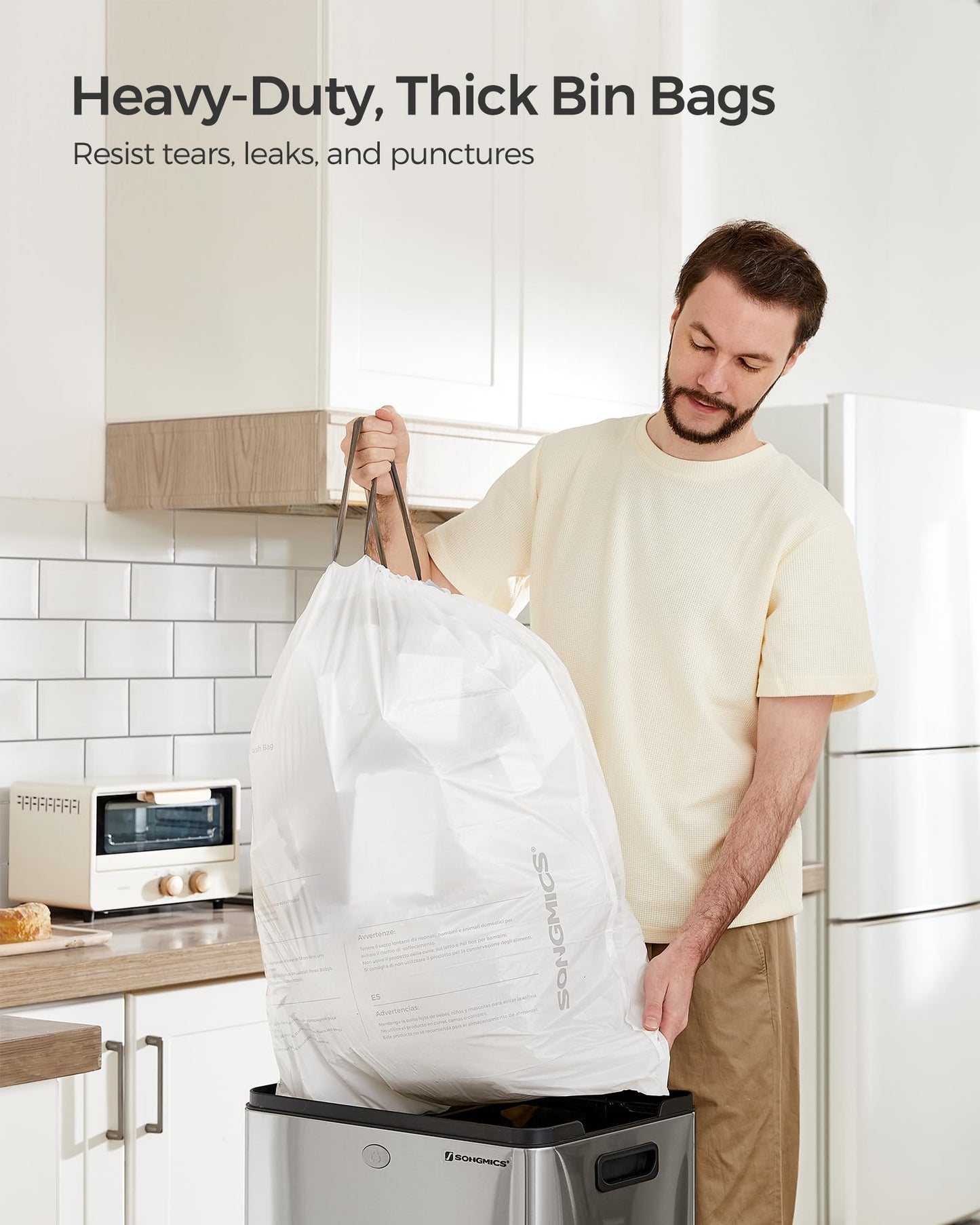 SONGMICS Trash Bags, Drawstring Kitchen Garbage Bags, Pre-Separated, Box-Free Pack, for 12-14.5 Gallon (45-55 L) Trash Cans, Liner Code 055A01, 3 Rolls, 120 Count, White UKRB055A03V1