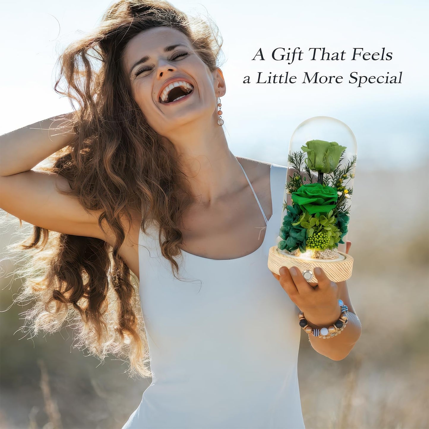 Regalo Flor Preserved Flowers Gifts for Women, Green Preserved Roses in Glass Dome, Real Roses Flower Arrangement, Forever Flowers for Mom, Birthday Gifts for Women, Flowers for Delivery Prime