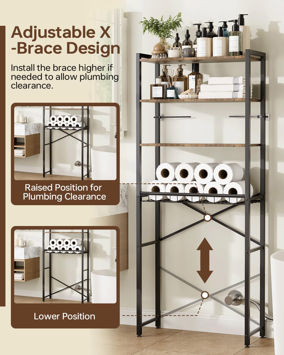 4-Tier Over-the-Toilet Storage Rack with One-Piece Wooden Shelves & Open Net Basket, Bathroom Organizer with Adjustable Feet & Anti-Tip Kit, Space-Saving Toilet Shelf, Brown, 24.4" x 9.4" x 69.3"