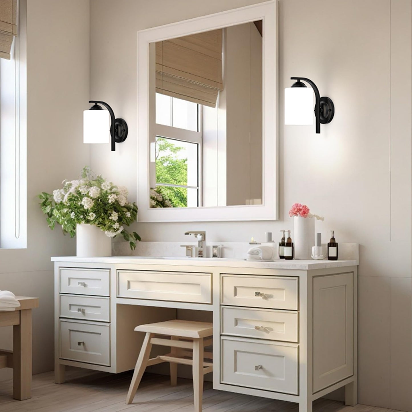 Phaosio 2-Pack Wall Sconces for Bedroom and Bathroom, Matte Black Farmhouse Wall Light Fixtures with Glass Shade, Modern Vanity Wall Lamps for Living Room, Hallway, Kitchen