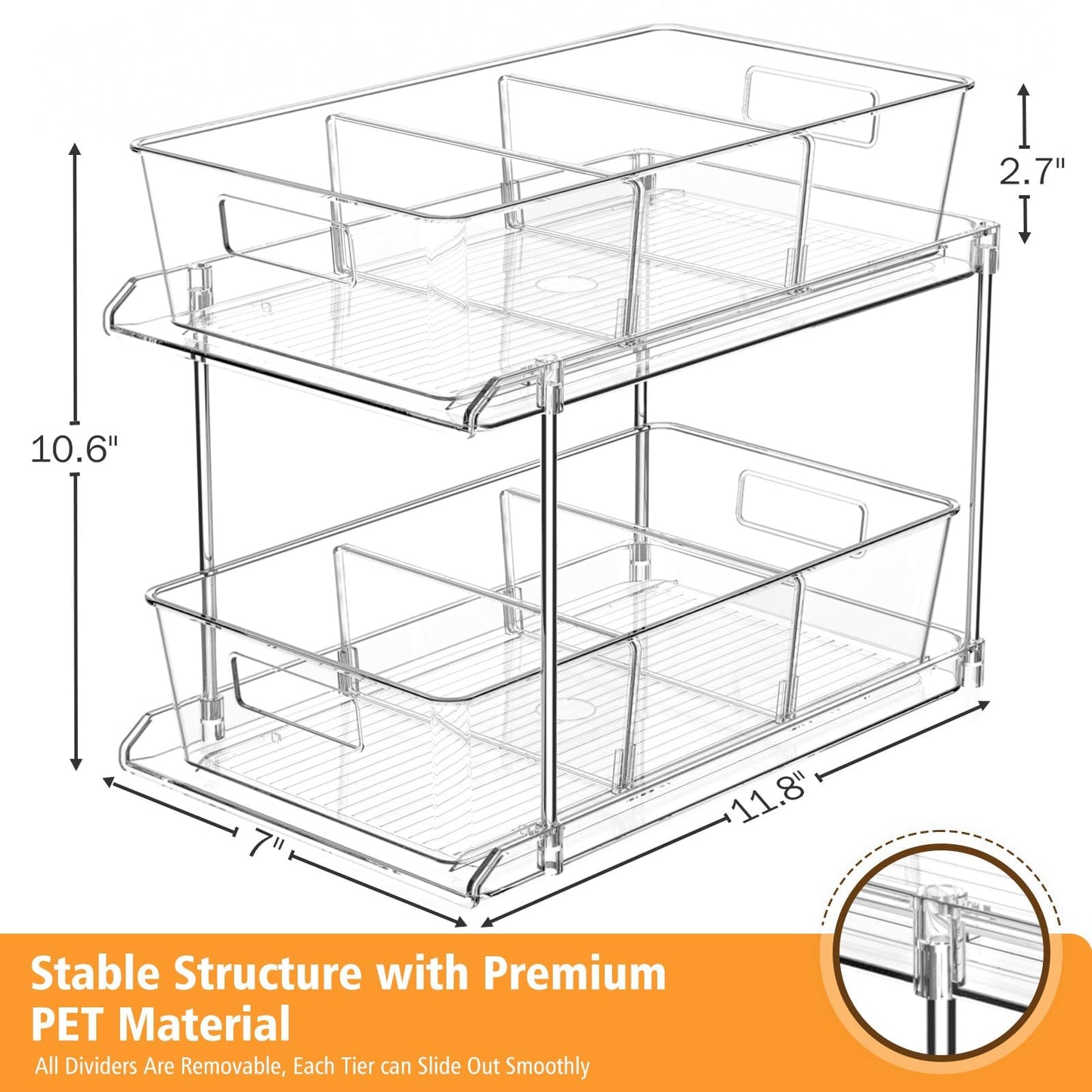 Fabspace Pull-out Home Organizer, 2 Pack 2 Tier Clear Bathroom Organizer with Dividers, Multipurpose Vanity Counter Tray, Kitchen, Closet Organizers, Cabinet & Storage Container Bins