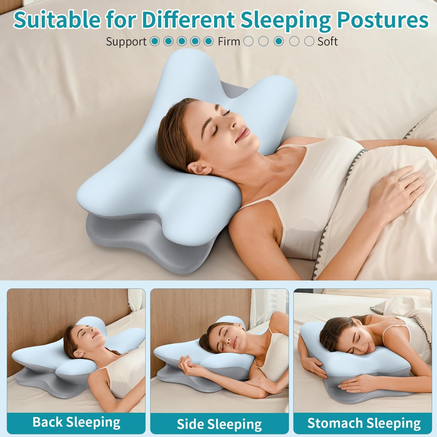 Besyodo Cervical Neck Pillow for Pain Relief - Ergonomic Side Sleeper Pillow for Neck Support, Cooling Memory Foam Pillows for Sleeping, Contour Pillow Orthopedic Bed Pillow for Back Stomach Sleepers
