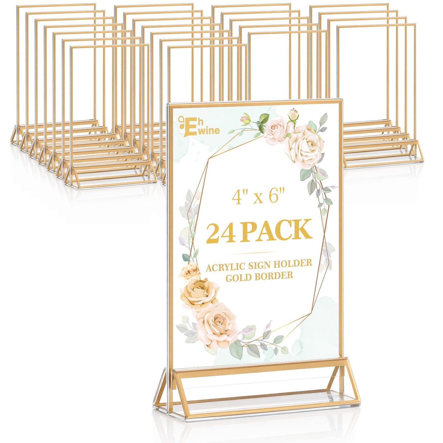EHWINE 24 Pack Acrylic Sign Holder 4 x 6, Double Sided Gold Picture Frame Stand up Table Top Sign Holders, Clear Display Stand Menu Flyer Holder for Wedding Party
