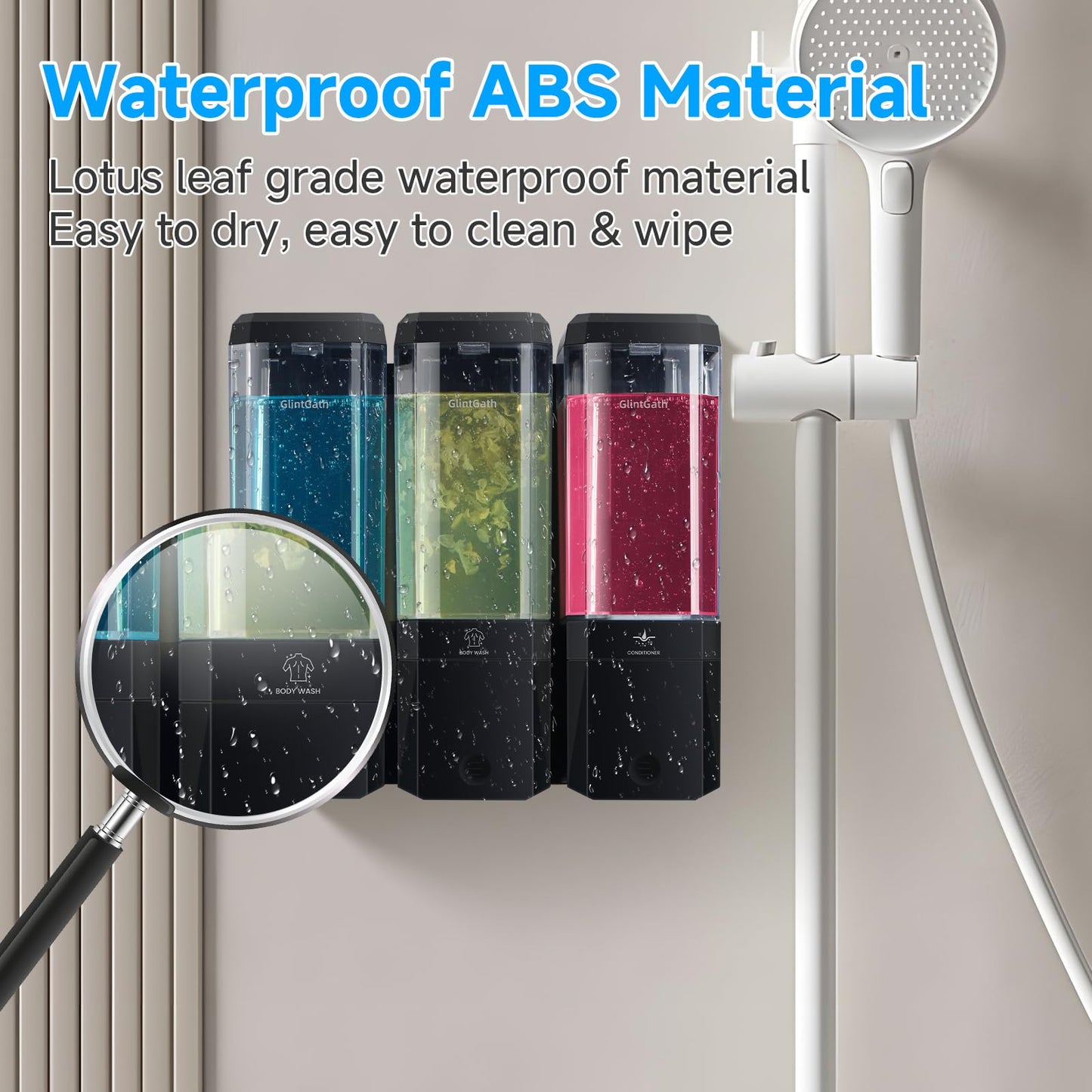 Shampoo and Conditioner Dispenser,GlintGath Shower Dispenser 3 Chamber No Drill Shampoo Dispenser for Shower Wall Mounted Shower Soap Dispenser for Bathroom Hotel,Large Capacity 3 * 500ML, Black