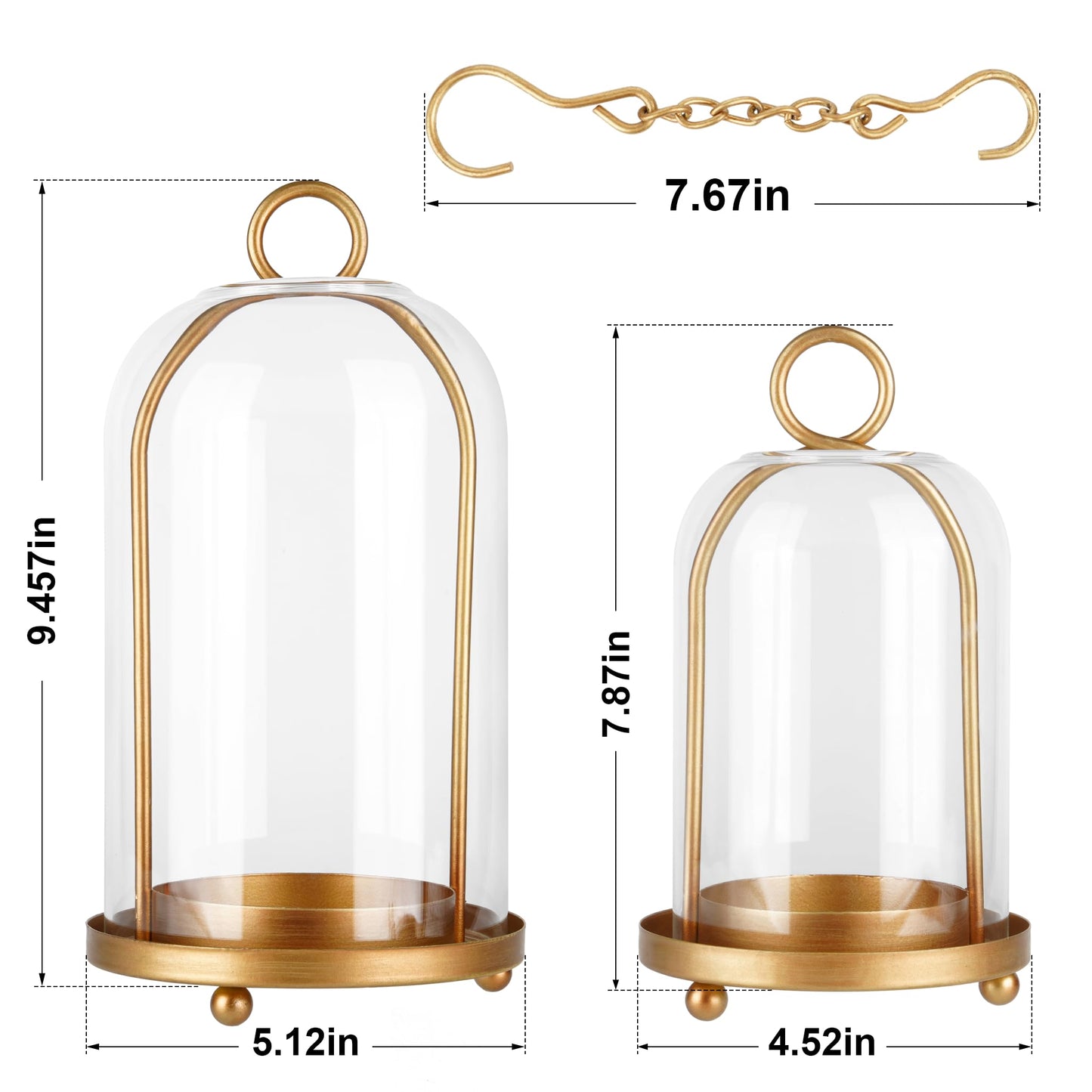 Glass Hurricane Candle Holder Decorative Gold Candle Lantern, Pillar Candlestick Holders Set of 2, Hanging Metal Holder Modern Table Centerpieces, Antique Brass