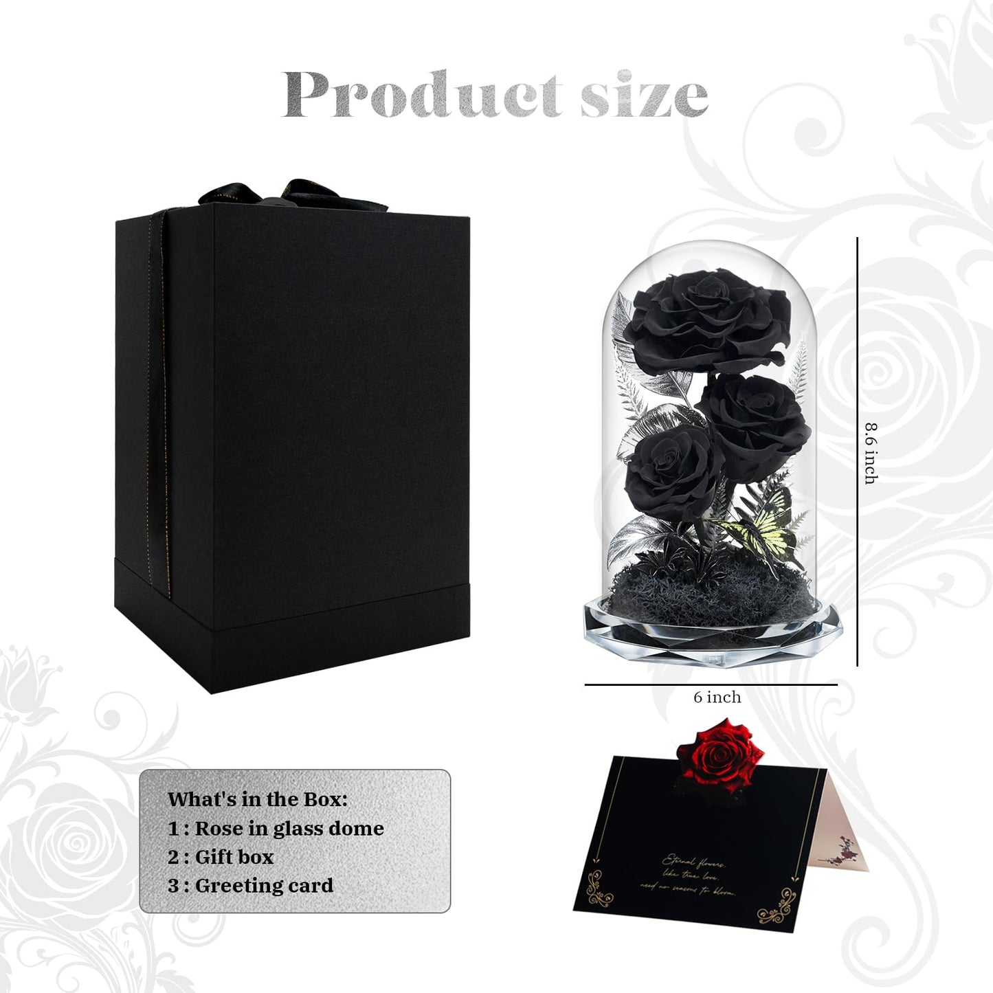 Tyvouflo Forever Flowers in Glass Dome - Preserved Roses, for Her Women Valentine's Day, Mother's Day, Anniversary A-Grade Black Roses, Home Decor for Girlfriend, Wife, Sister, Mom (Black)