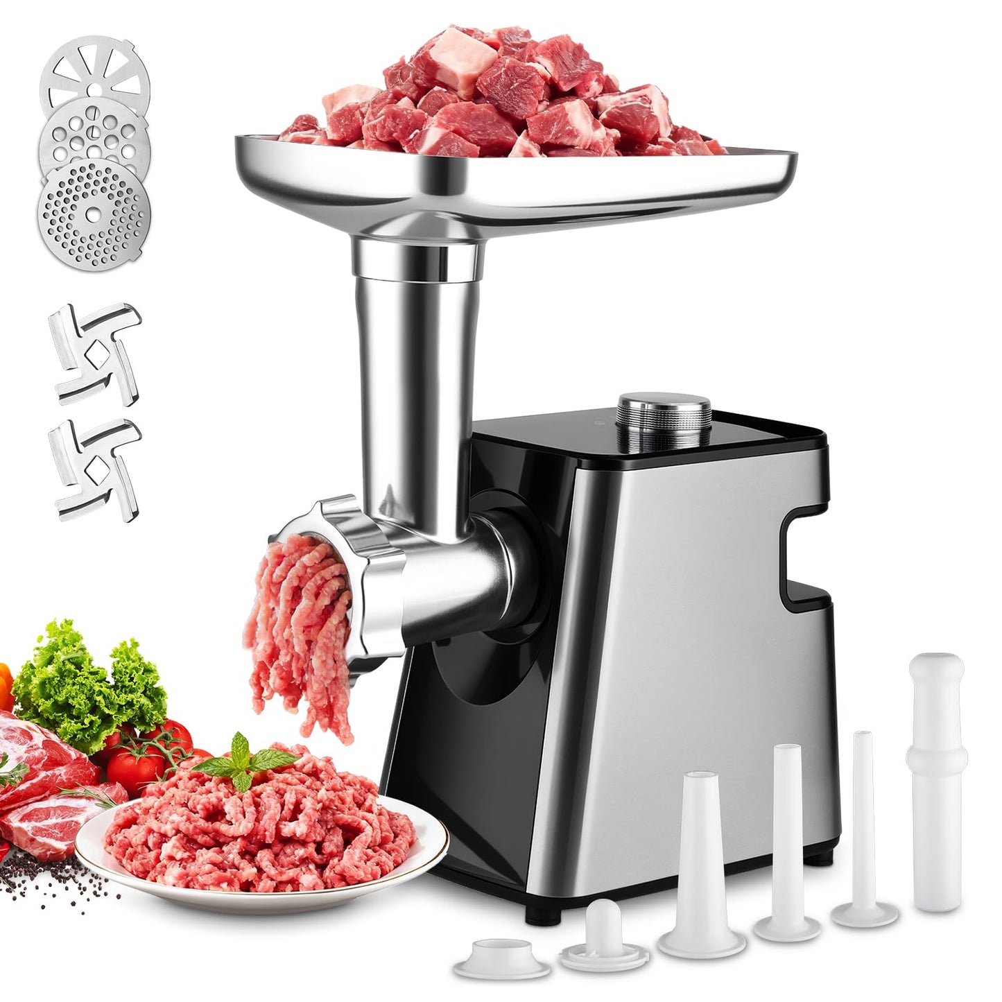 Electric Meat Grinder- 350W Motor with Sausage Stuffer & Meatballs Making, Food Grinder with Stainless Steel Blade & 3 Plates, Heavy Duty Meat Mincer for Home Kitchen & Restaurant