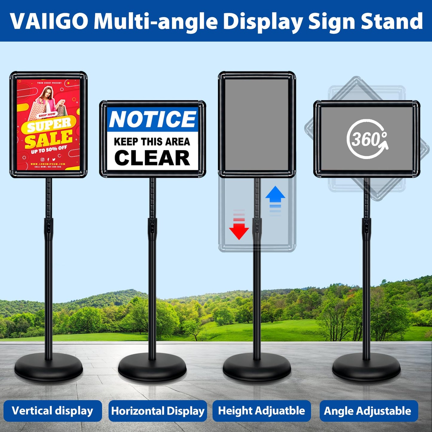 VAIIGO 2-Pack 8.5x11 Inch Adjustable Sign Stand & Floor Standing Sign Holder - Pedestal Poster Stand with Vertical & Horizontal View Display for Indoor/Outdoor Business & Store Signage (Black)