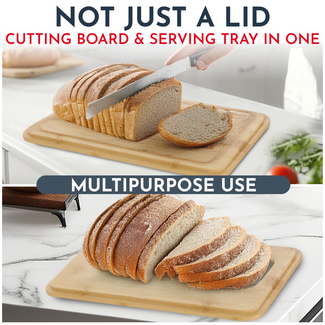 Culinary Couture White Bread Box for Kitchen Countertop with Bamboo Lid - Large BreadBox for Homemade Bread - Storage BreadBox with Cutting Board Lid