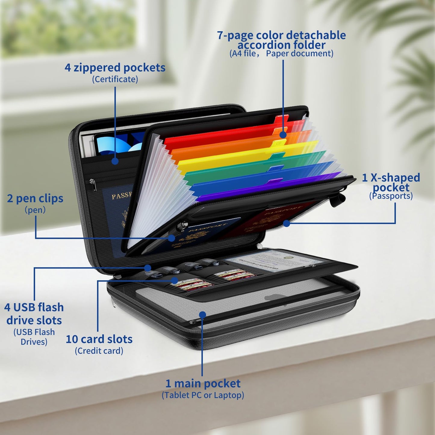 Tamfile Fireproof Document Box with Handle, Hard Case File Organizer with 7-Pocket Accordion Colour File Folder, Portable Safe Storage for Home Office Travel to Important Documents, Laptop, Black