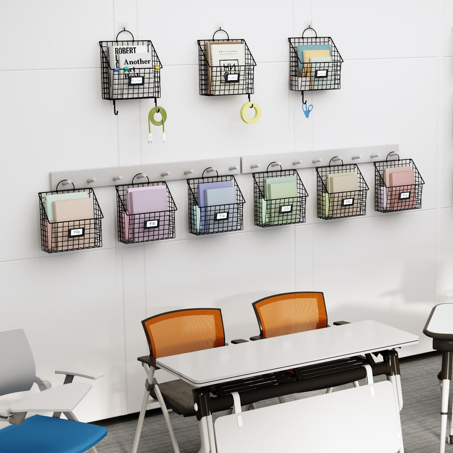 Yuzehuaza Hanging Wall File Holder Organizer Metal Wall Mount File Folders Holder Magazine Rack with Handles and Hooks , for Home Office, 4 Packs, Black (Patent Pending)