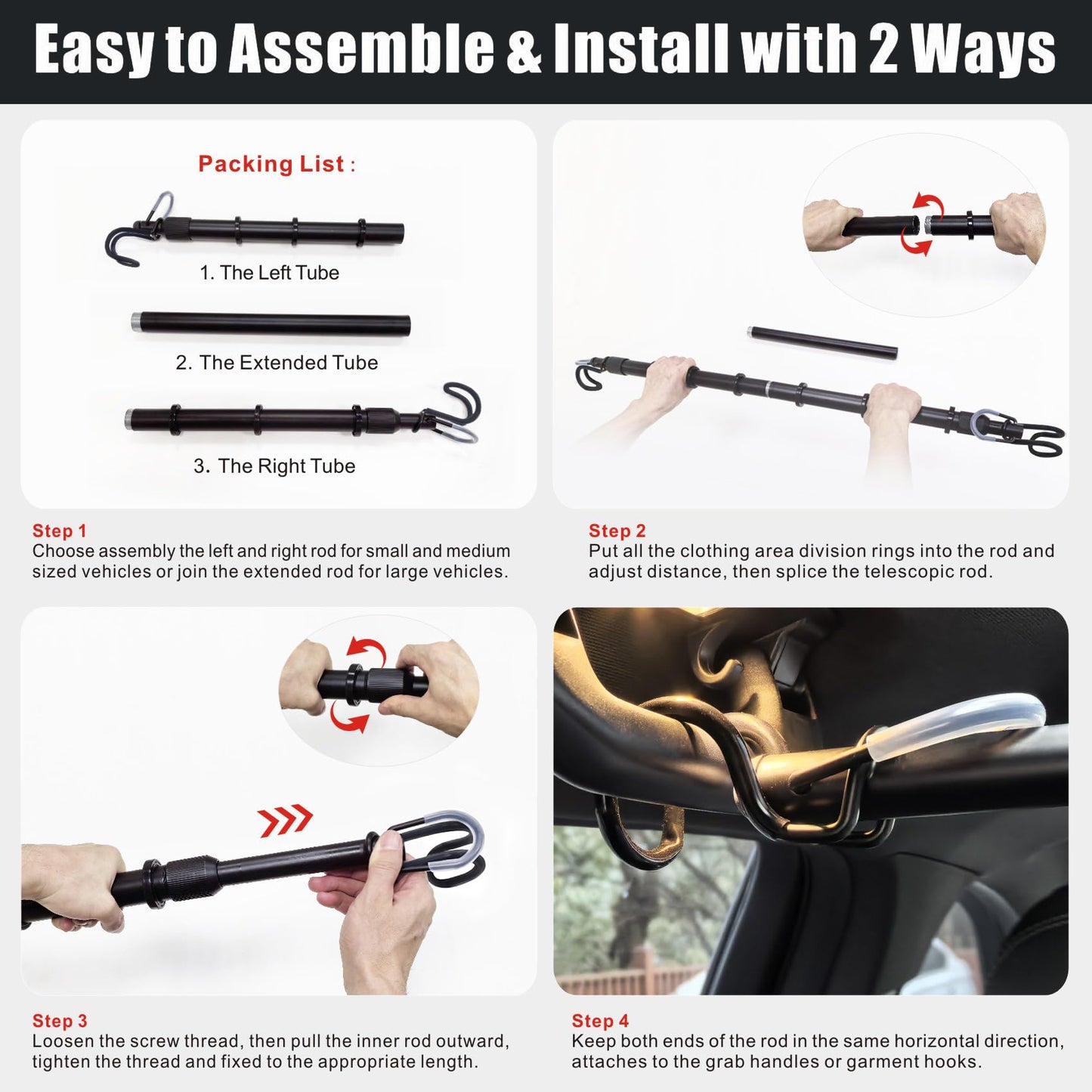 Heavy Duty Telescopic Car Clothes Hanger Bar - Adjustable 30''-66'' Garment Rack Travel Closet Hanging Rod for Vehicle Truck SUV RVs Extendable Metal Pole for Automobile Clothing Organizers & Storage