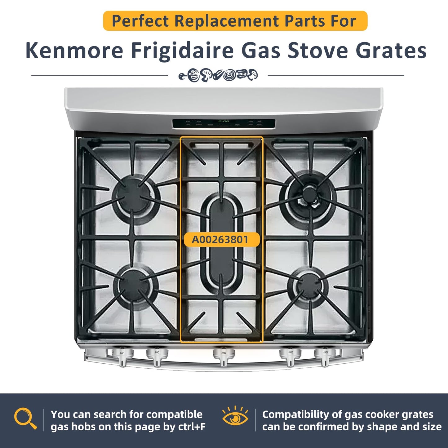 A00263801 Cast Iron Grate Replacement For Kenmore Stove Parts Ap6036421 Gas Stove Grate Center 5304492146 Wci-A00263801, 5304492147 Burner Grates Stove Parts Surface Burner Center Grates