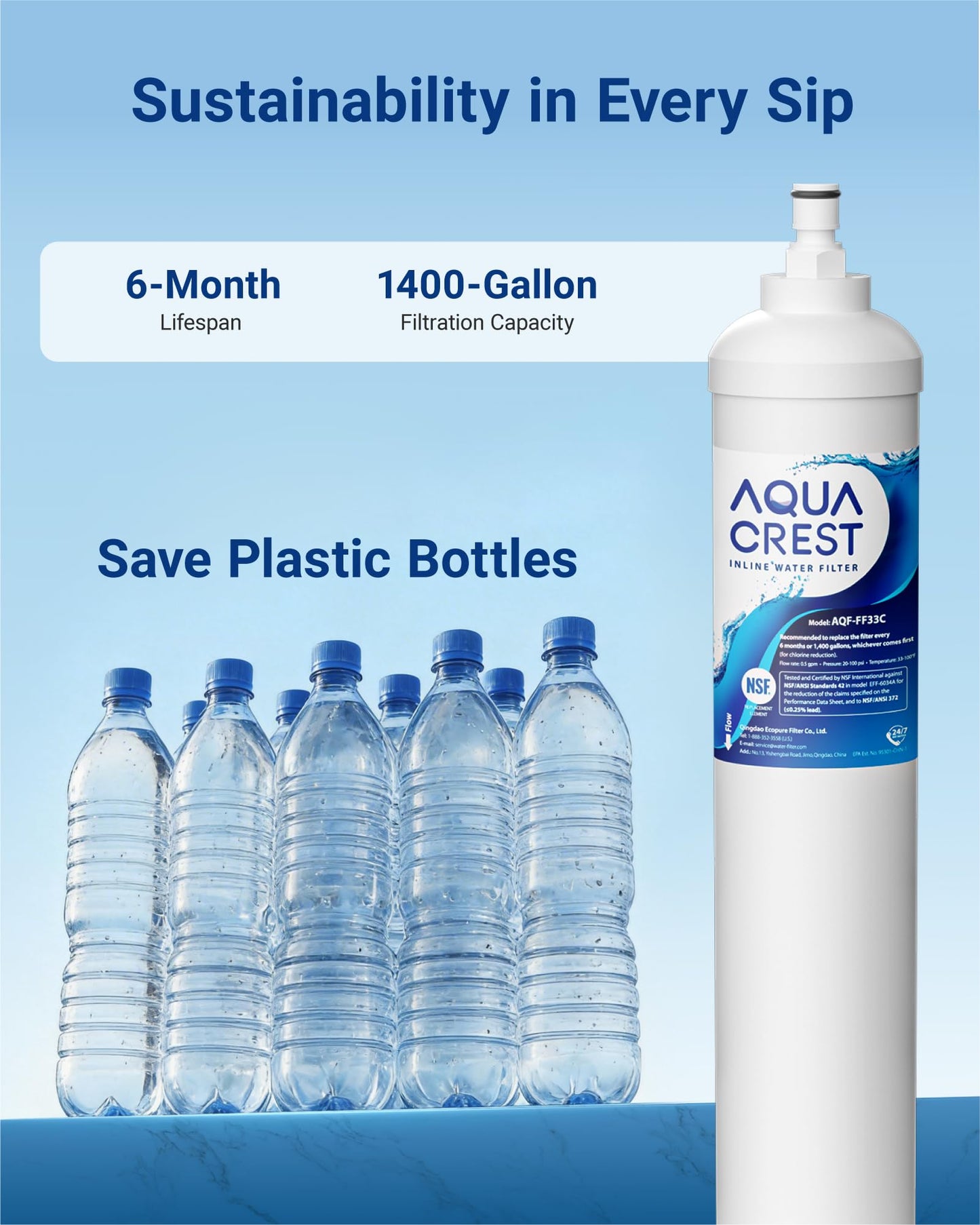 AQUA CREST GXRTQR Inline Water Filter, NSF Certified, Replacement for GE® GXRTQR, GXRTQ, Carbon Block Media Ensures 99% Chlorine Reduction, 3 Filters