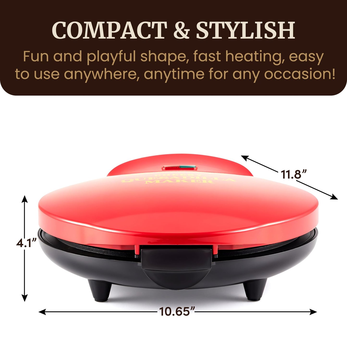 Elite Gourmet 11" Cheesy Quesadilla Maker, 2-Position Locking Latch For Extra Stuffing, Easy-Slice 6-Wedge, Red