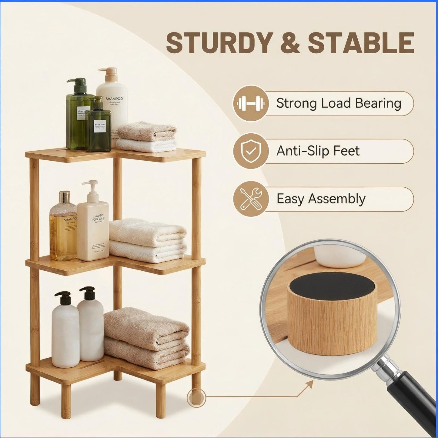 JEDULAR Bamboo Corner Shower Caddy Stand 3-Tier, Standing Shower Organizer with Anti-Slip Feet, Waterproof & Durable Bathroom Shower Shelf, Space-Saving Design Storage for Kitchen or Living Room