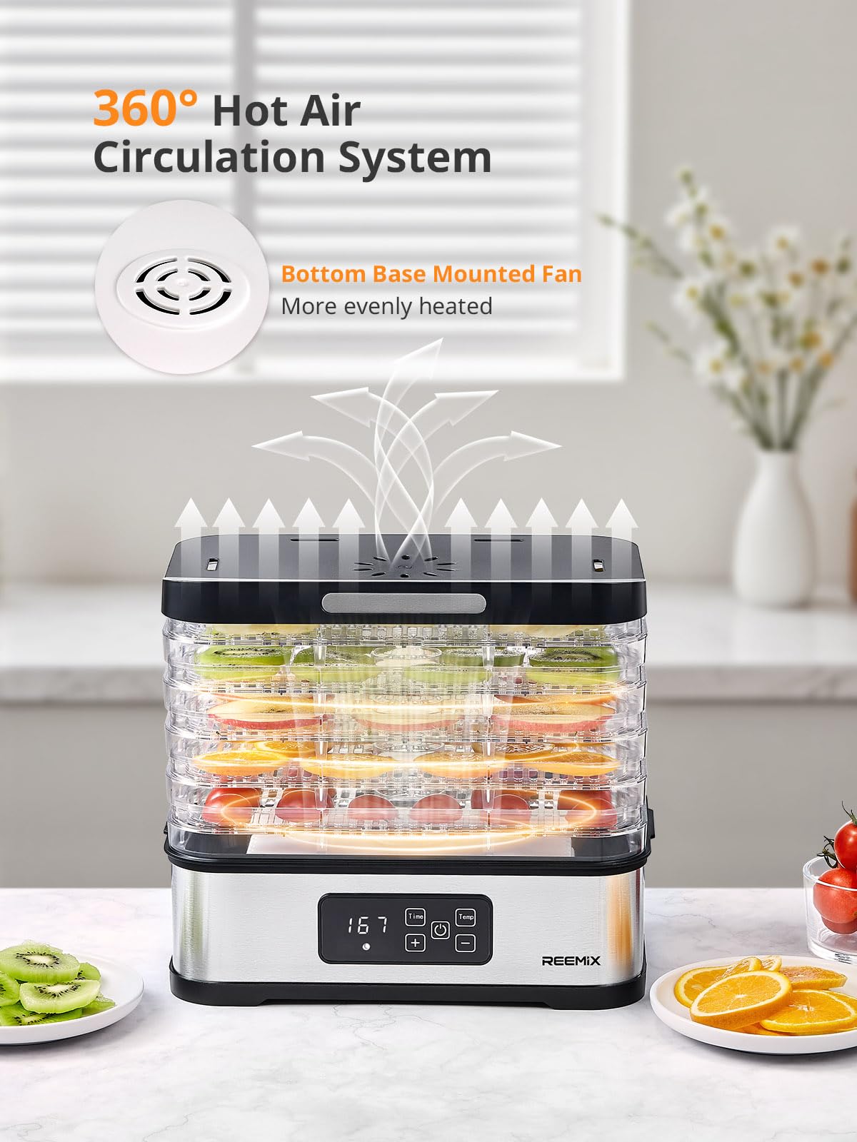 Reemix 5-Tier Compact Food Dehydrator - BPA-Free Trays, Stainless Steel Base, Touch Control LCD Display for Temperature/Time Adjustment, Home Use Dryer for Fruits, Veggies & Jerky
