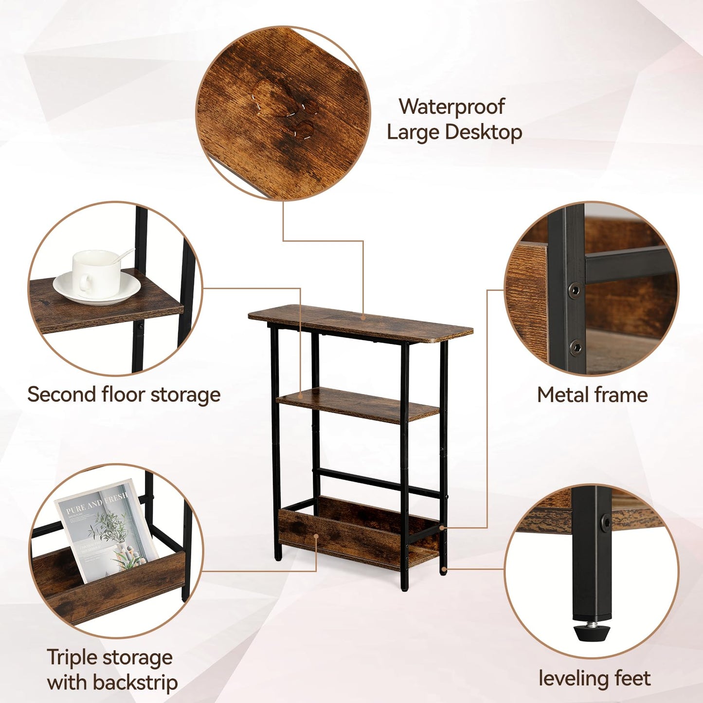 Tedheve Narrow Side Table for Small Spaces, 3-Tier Small End Table with Storage Shelf and Magazine Holder, Slim and Skinny Nightstand for Bedroom, Living Room Sofa Table for Space Saving, Brown