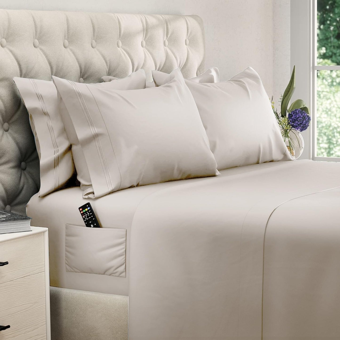 DREAMCARE King Size Sheets Set - 6 pcs Breathable Cooling Bed Sheets - up to 15" Deep Pocket King Sheet Set with Side Pockets - Extra Soft 100% Brushed Hypoallergenic Hotel Luxury Bedding - Beige