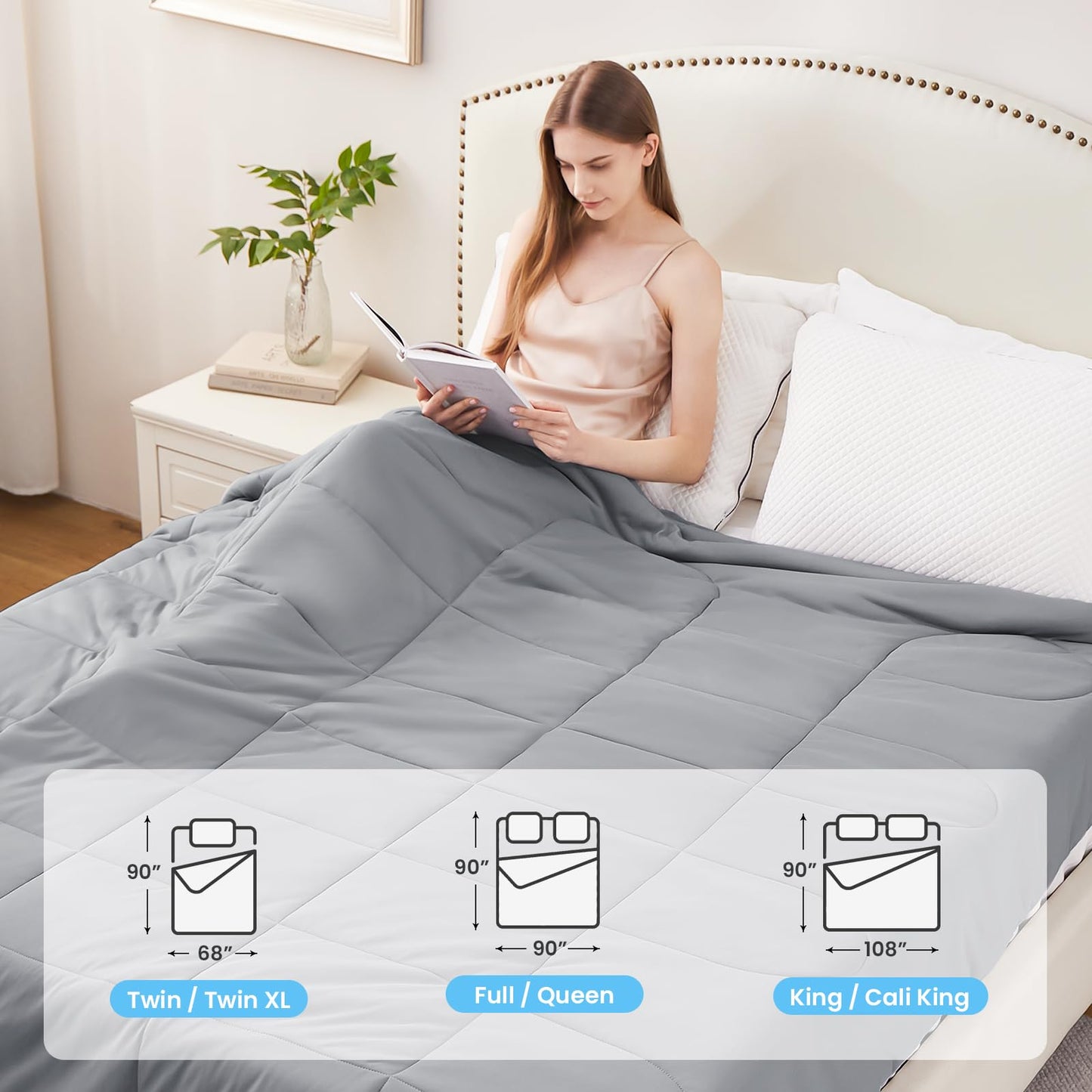 HYLEORY Cooling Comforter Queen Size - Summer Cooling Blanket for Hot Sleepers/Night Sweats, Double-Sided Cold Touch Silky Ice Comforters, Breathable Lightweight Beddings, Cool Gray, 90"x90"