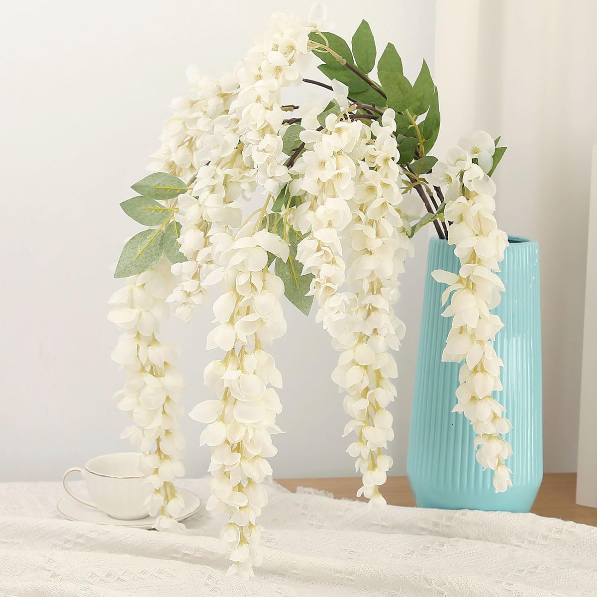 AROIUO 4pcs 47.2-inch Artificial Fake Wisteria Hanging Flower Garland Silk Flower String Home Party Decoration White Blue Pink Purple (White)