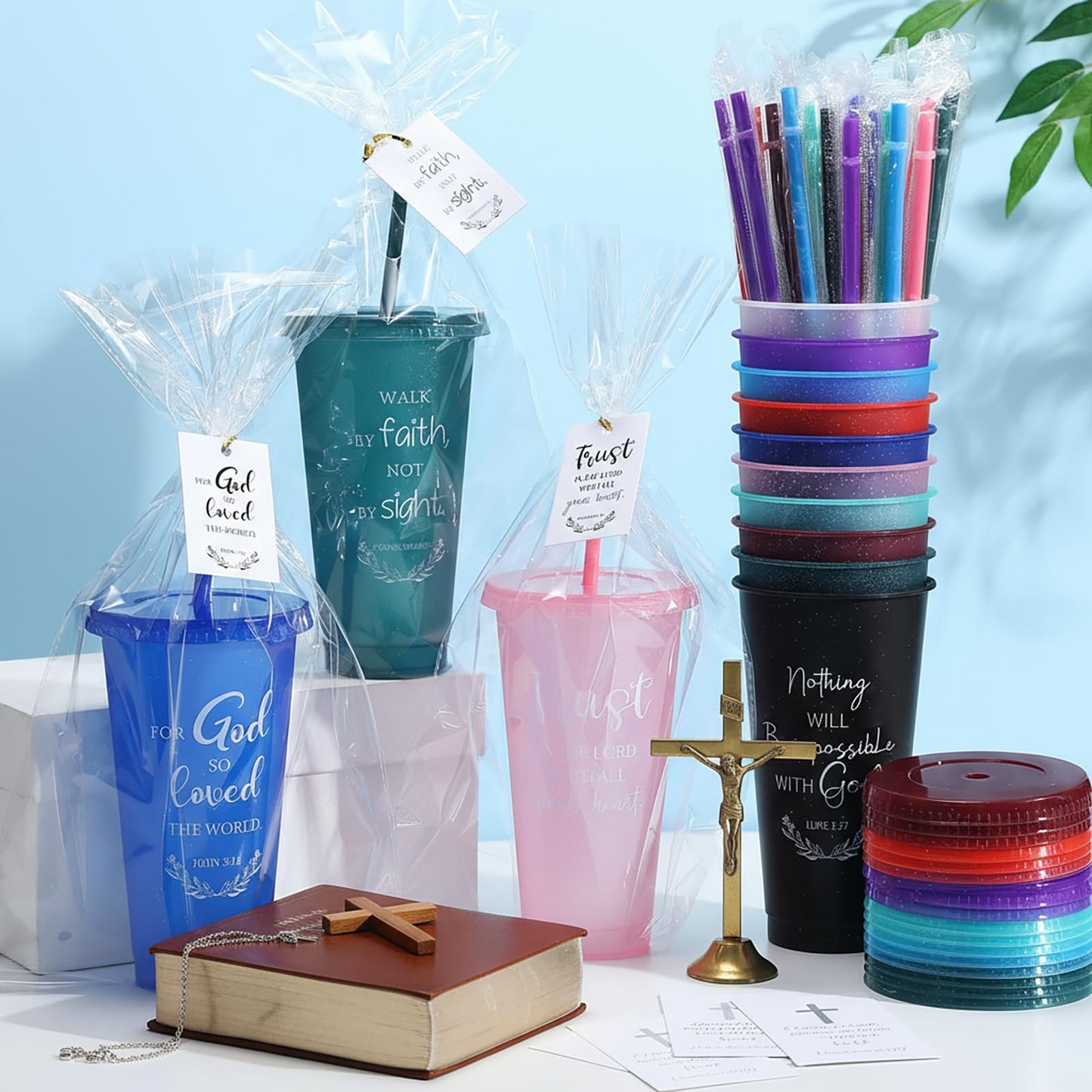 Skylety 40 Sets Christian Plastic Tumblers with Lids Straws Bulk Father' Day 24oz Bible Verse Cups, Reusable Christian Cup Religious Church Gift for Vbs Sunday School Party Baptism (Stylish Color)