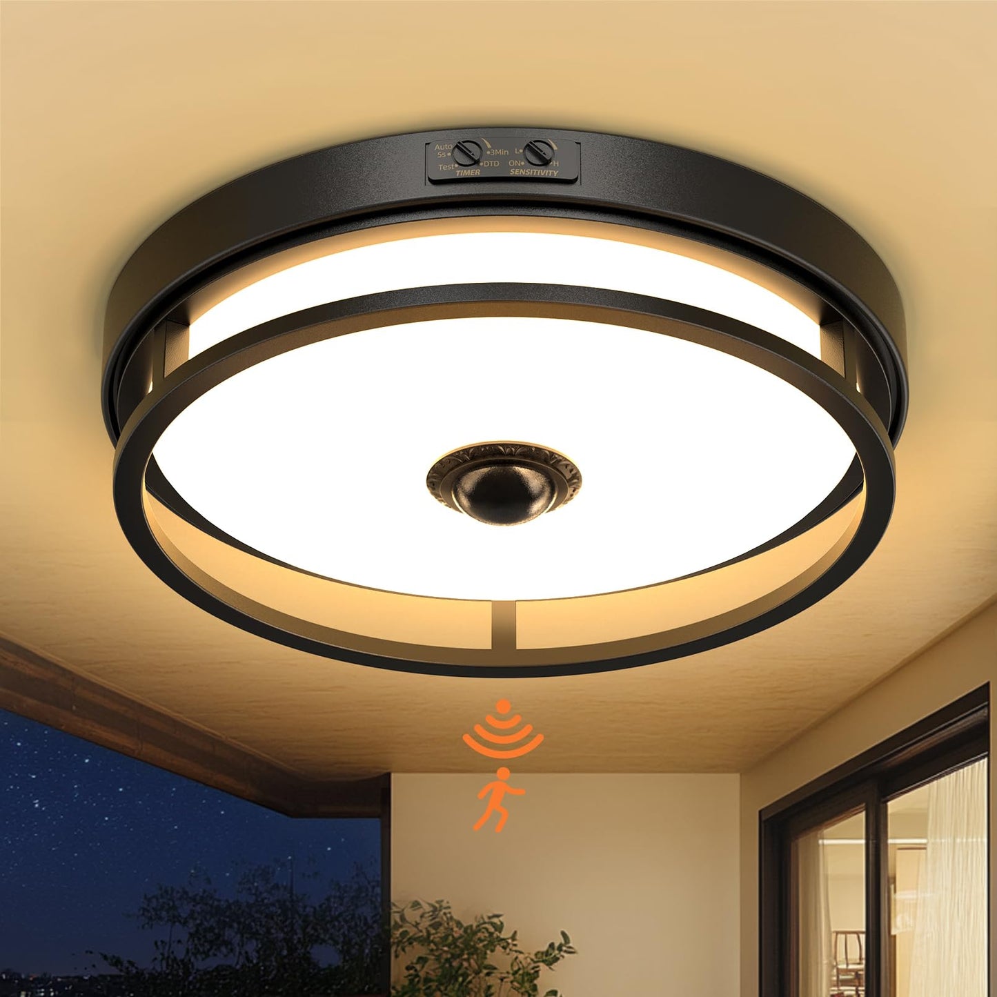 OYKYOHEI Motion Sensor Outdoor Ceiling Light, Flush Mount LED Ceiling Light Fixture, 12" Dusk to Dawn Porch Lights for Outdoor Ceiling, Black Ceiling Lamp for Entryway, Garage, Hallway